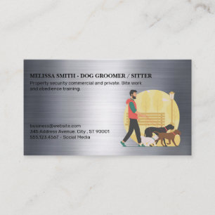 Guy Walking Dogs Metallic Business Card