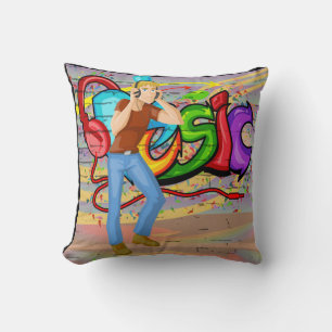 Guy With Headphones and Music Graffiti Wall Cushion