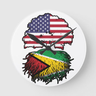 Guyana Guyanese American USA Tree Roots Flag Round Clock