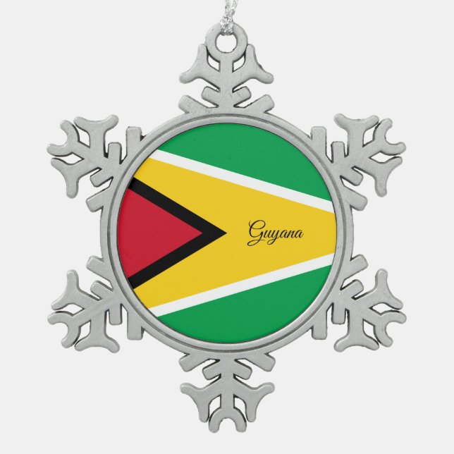 Guyana snowflake, Guyana Flag Snowflake Pewter Christmas Ornament (Front)
