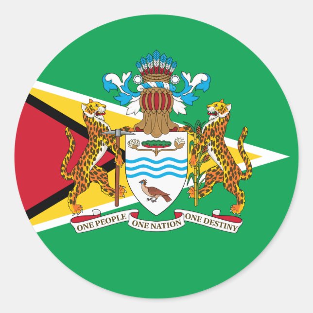 Guyanese Flag & Coat of Arms, Flag of Guyana Classic Round Sticker (Front)