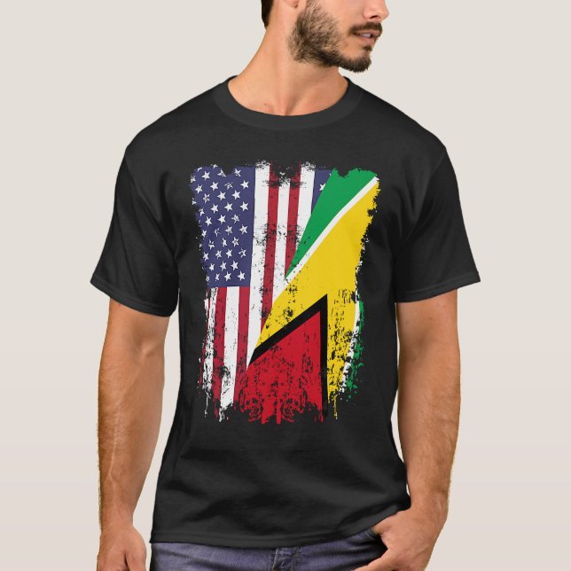 Guyanese Roots Half American Flag Guyana Flag T-Shirt (Front)