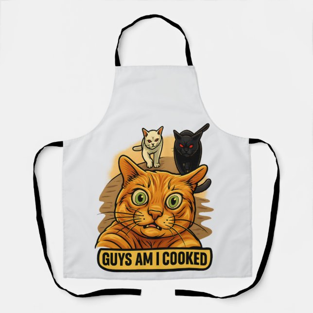 Guys Am I Cooked? Funny Cat Meme Panic Reaction Apron (Front)