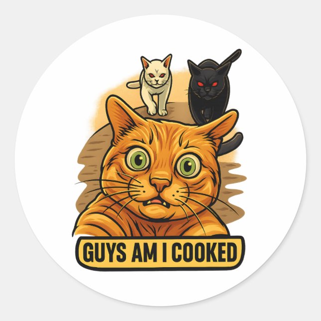 Guys Am I Cooked? Funny Cat Meme Panic Reaction Classic Round Sticker (Front)