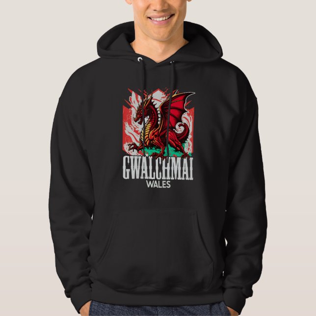 Gwalchmai Wales Welsh Flag Y Ddraig Goch Dragon Hoodie (Front)