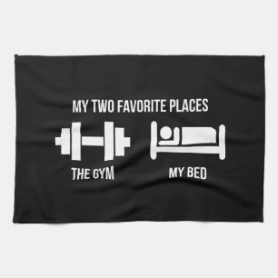 Gym and Bed - Funny Cartoon Pictogram - Novelty Tea Towel