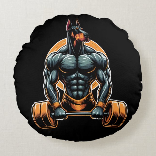 GYM doberman dog bodybuilder powerlifter Round Cushion (Front)