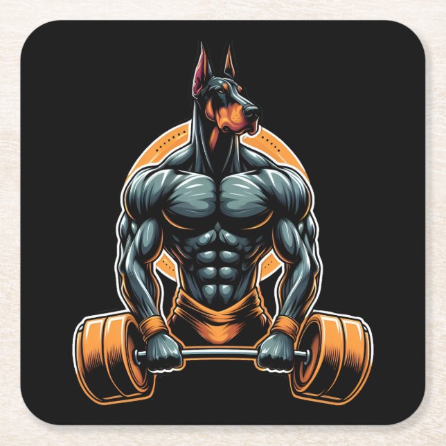 GYM doberman dog bodybuilder powerlifter Square Paper Coaster (Front)