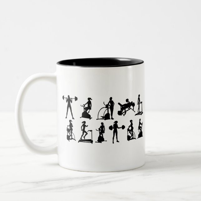 Gym Fitness Equipment Woman Silhouettes Set Two-Tone Coffee Mug (Left)