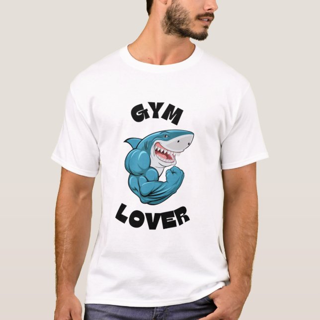 Gym Lover Shark Flexing Funny Workout T-Shirt (Front)