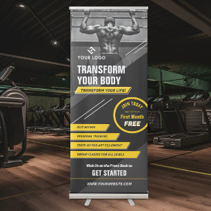 Gym Photo Black & Yellow Logo Workout Promotional Retractable Banner