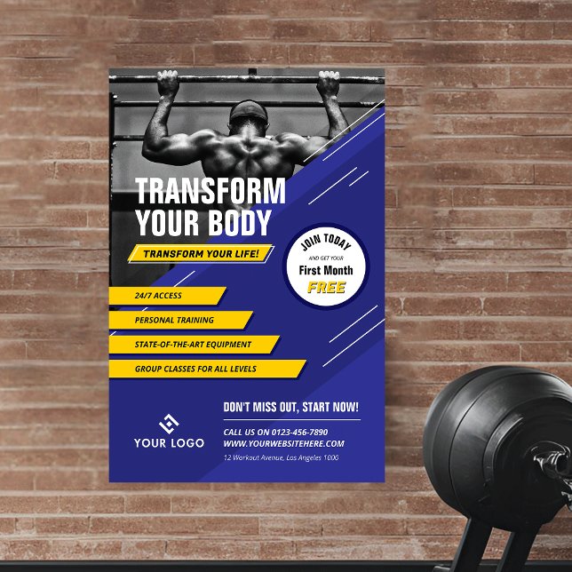 Gym Photo Blue & Yellow Logo Fitness Promotional Poster (Creator Uploaded)