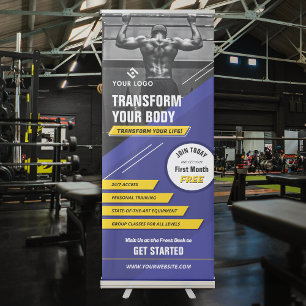 Gym Photo Blue & Yellow Logo Fitness Promotional Retractable Banner