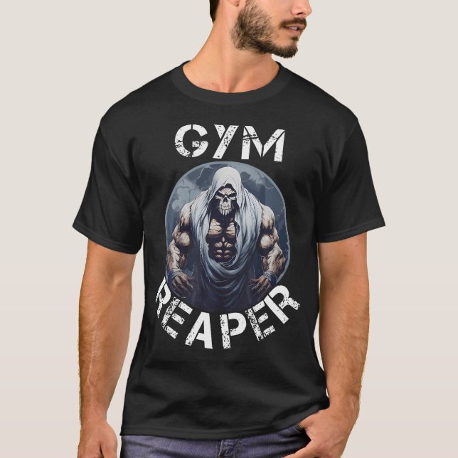 Gym Reaper Fitness Halloween Skeleton Workout Body T-Shirt (Front)
