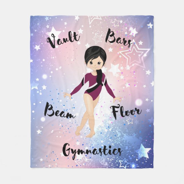 Gym Star Black Hair, Brown Eyes, Burgundy Leotard Fleece Blanket (Front)