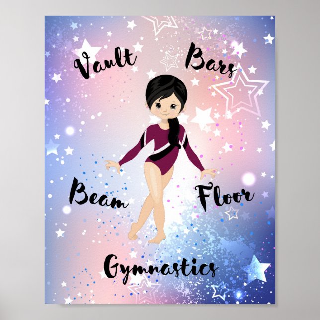 Gym Star Black Hair, Brown Eyes, Burgundy Leotard  Poster (Front)