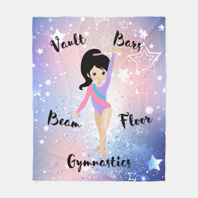 Gym Star Black Hair, Brown Eyes, Purple Leotard Fleece Blanket (Front)