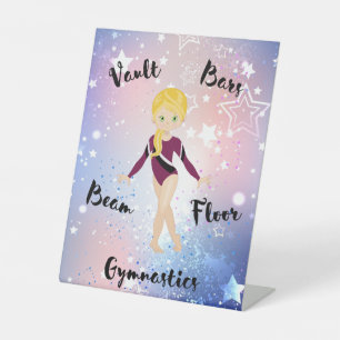 Gym Star Blonde, Green Eyes, Burgundy Leotard      Pedestal Sign