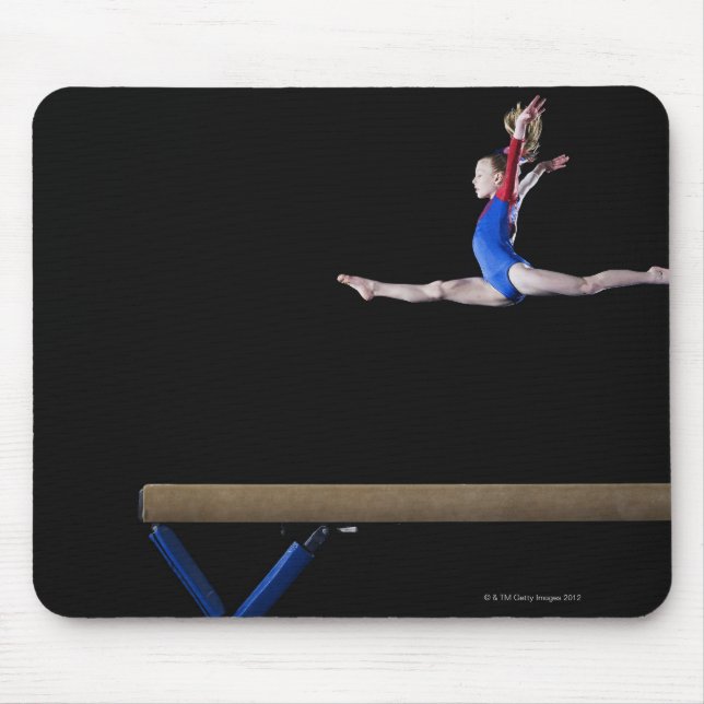 Gymnast (9-10) leaping on balance beam 2 mouse mat (Front)