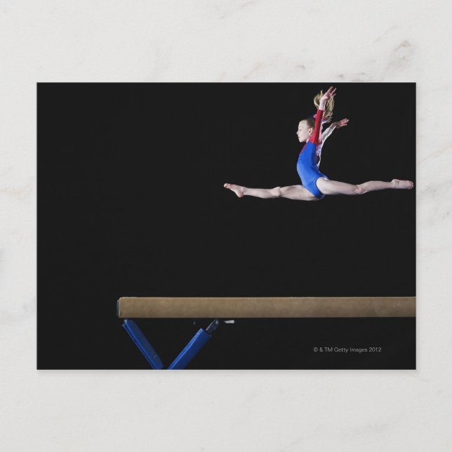 Gymnast (9-10) leaping on balance beam 2 postcard (Front)