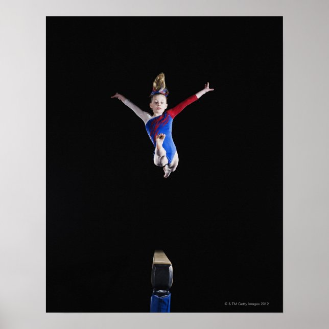 Gymnast (9-10) leaping on balance beam poster (Front)