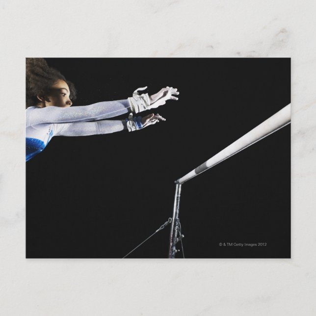 Gymnast (9-10) reaching for uneven bars 2 postcard (Front)