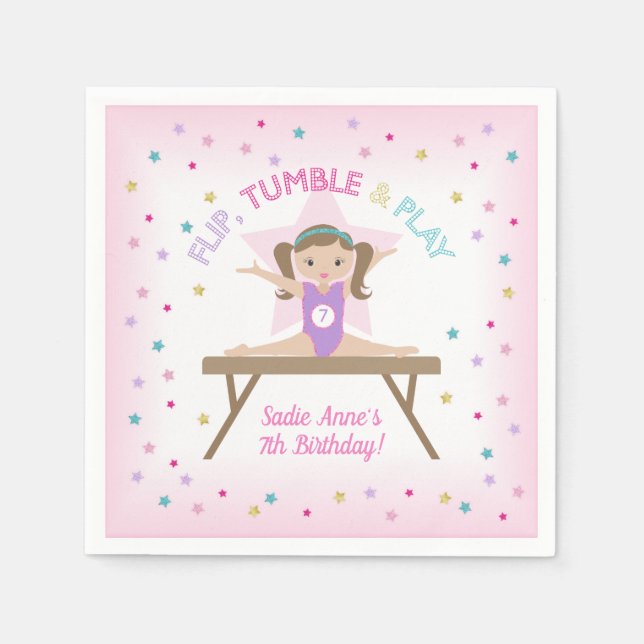 Gymnast Brown Hair Gymnastics Jump Birthday Party  Napkin (Front)