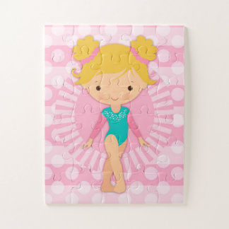 Gymnast - Cute Gymnastics Pink Aqua Blonde Jigsaw Puzzle