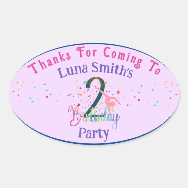 Gymnast cute kids birthday party colourful card oval sticker (Front)