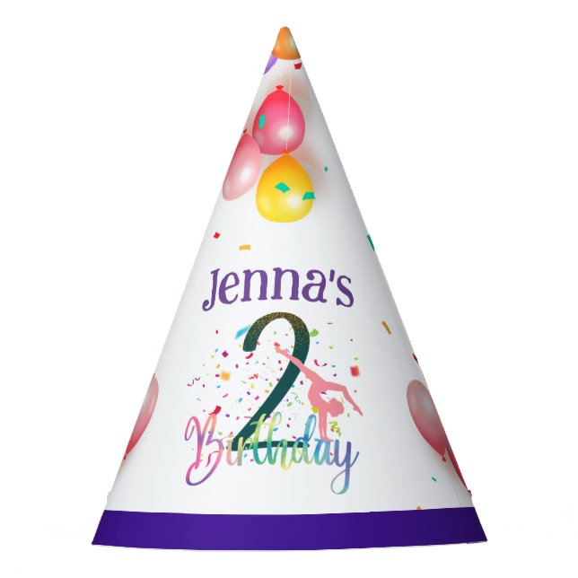 Gymnast cute kids birthday party colourful card party hat (Front)