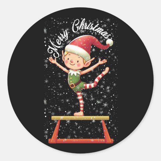 Gymnast Elf on Balance Beam   Xmas Gymnastics Chri Classic Round Sticker (Front)