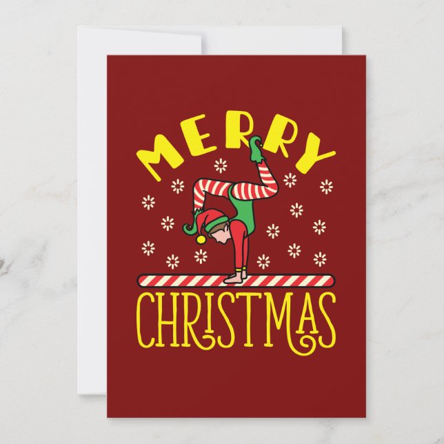 Gymnast Elf on Beam Gymnastics Christmas Holiday Card (Front)