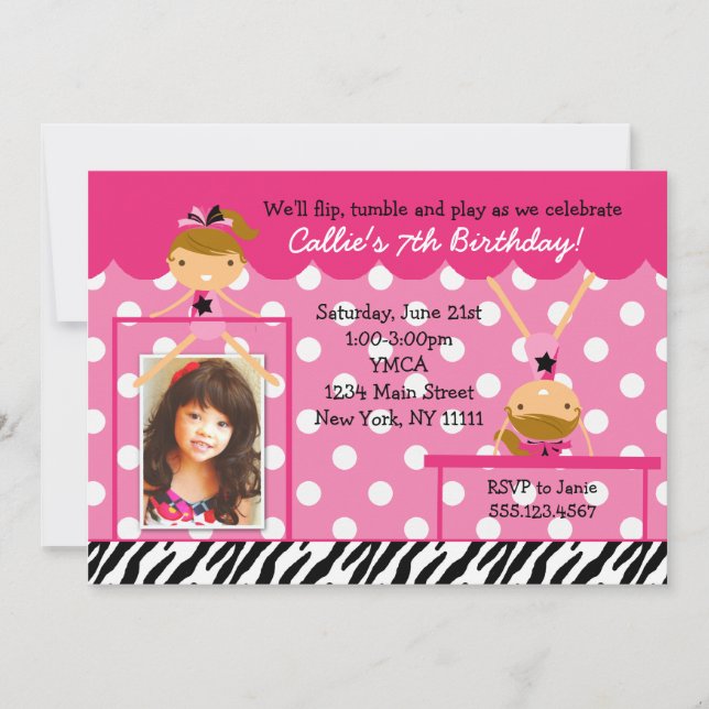 Gymnast Gymnastics Birthday Party Invitation Zebra (Front)