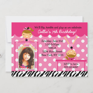 Gymnast Gymnastics Birthday Party Invitation Zebra