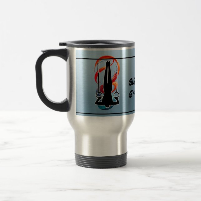 Gymnast on Still Rings colourful logo Personalise Travel Mug (Left)