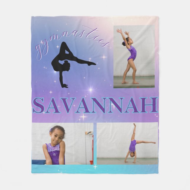 Gymnast Purple Teal Gradient 3 Photo Personalised Fleece Blanket (Front)