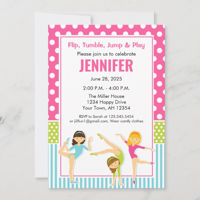Gymnastic Birthday Invitation girls party (Front)