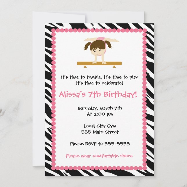 Gymnastic Girl Birthday Party Invitation Zebra (Front)