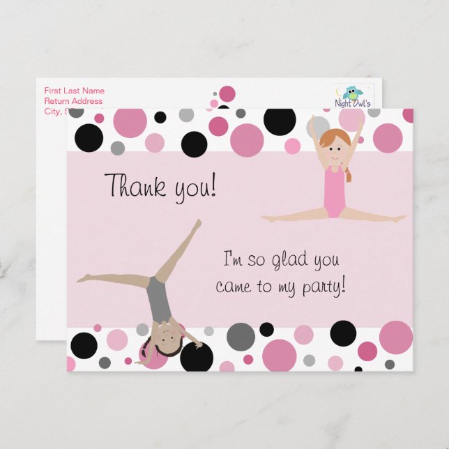 Gymnastic Party Thank You in Pink, Grey & Black Postcard (Front/Back)