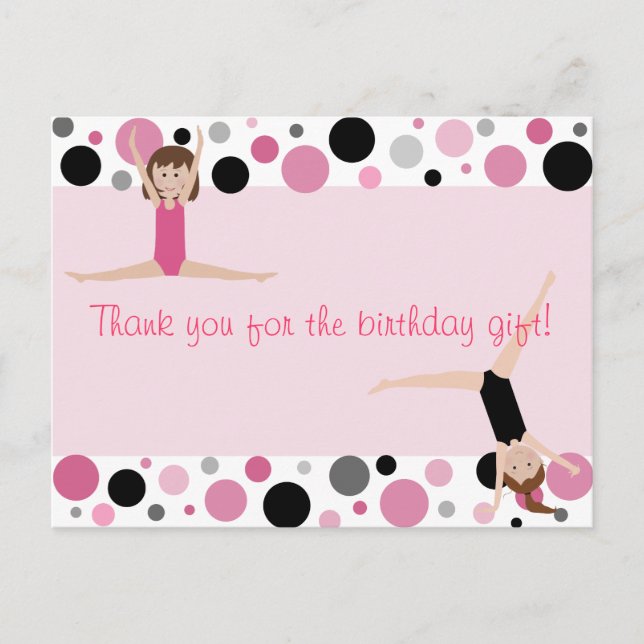 Gymnastic Party Thank You in Pink, Grey & Black Postcard (Front)