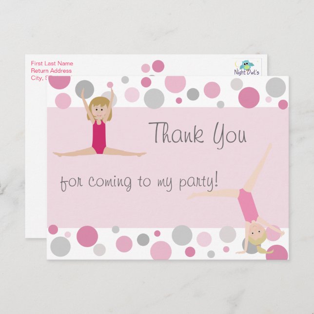 Gymnastic Party Thank You in Pinks & Grey Postcard (Front/Back)