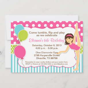 Gymnastic Pink Green and Blue Girl with Dark Hair Invitation