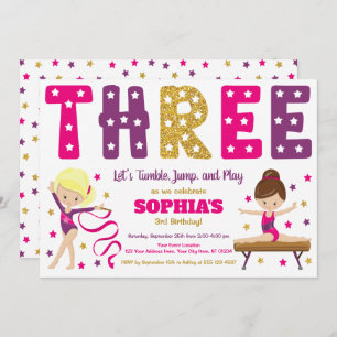 Gymnastics 3rd Birthday Invitation Hot Pink