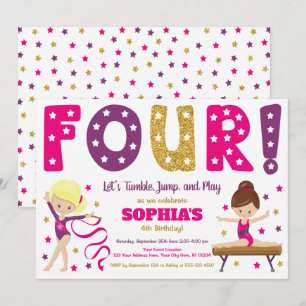 Gymnastics 4th Birthday Invitation Hot Pink