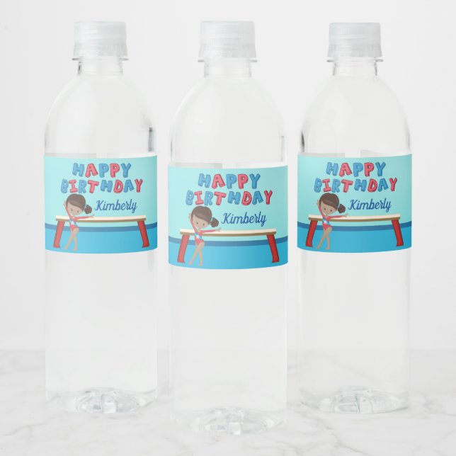 Gymnastics African American Girl Birthday Party Water Bottle Label (Bottles)