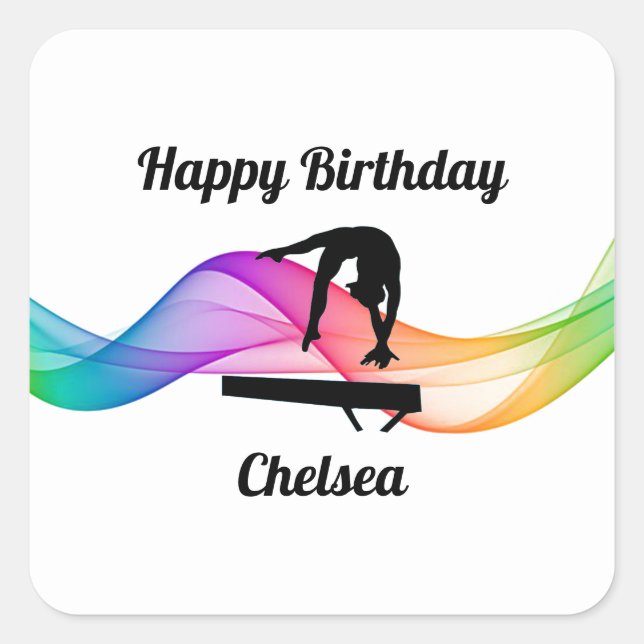 Gymnastics Balance Beam Swirl Birthday Stickers (Front)