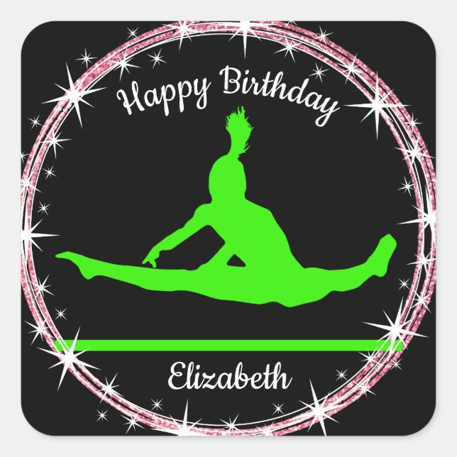 Gymnastics Bars Birthday in Lime Green and Black   Square Sticker (Front)