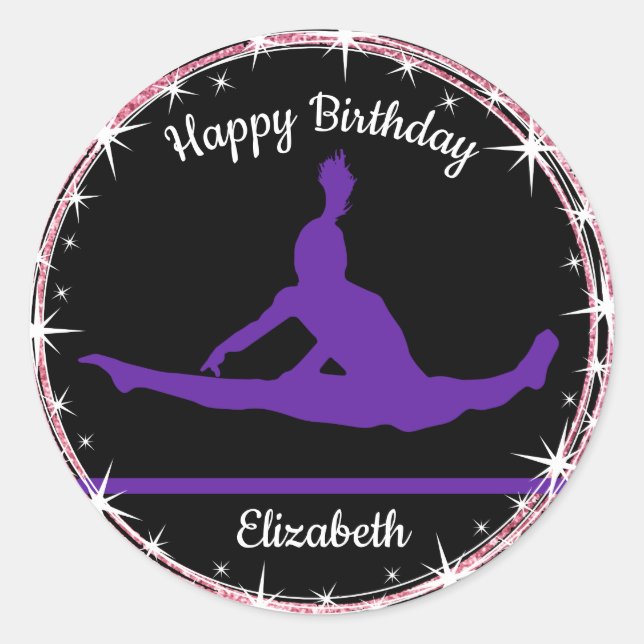 Gymnastics Bars Birthday in Purple and Black  Classic Round Sticker (Front)