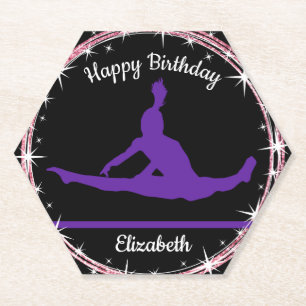 Gymnastics Bars Birthday in Purple and Black Paper Coaster