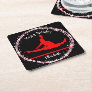 Gymnastics Bars Birthday in Red and Black  Square Paper Coaster